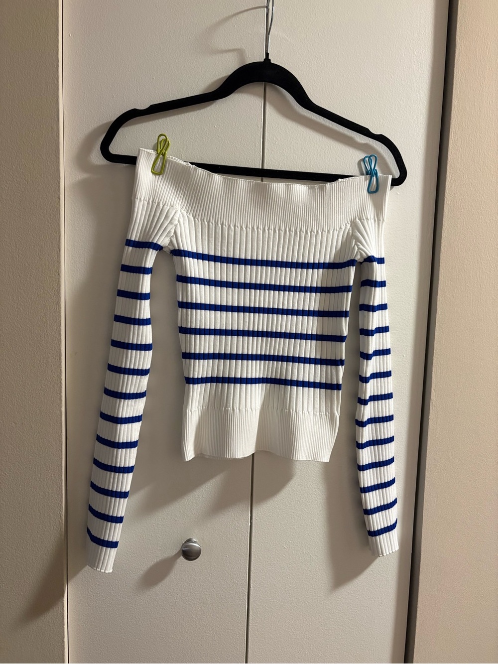 Off-the-Shoulder White Sweater with Blue Stripes